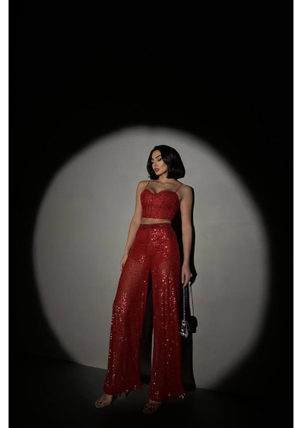 Kadın Kırmızı Payet Palazzo Crop Takım NBDF01