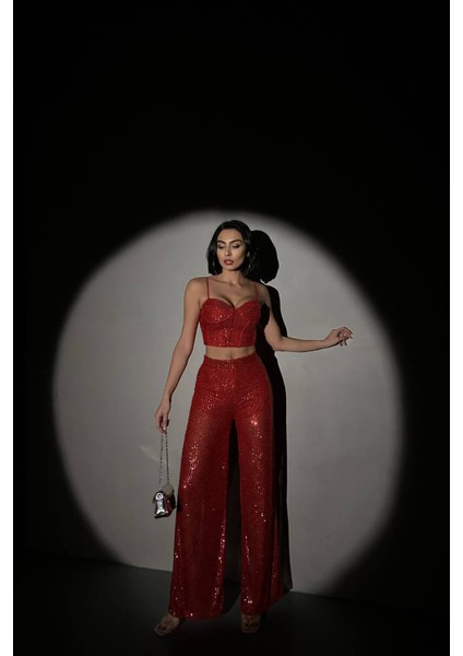 Kadın Kırmızı Payet Palazzo Crop Takım NBDF01 fiyatları