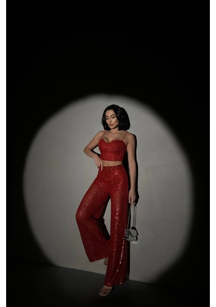 Kadın Kırmızı Payet Palazzo Crop Takım NBDF01 modelleri