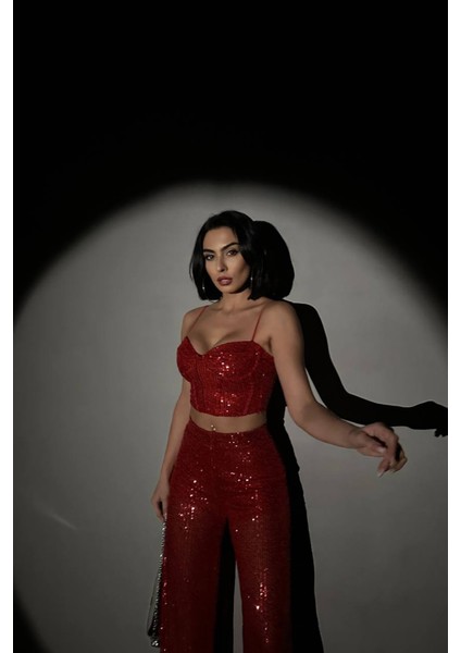 Kadın Kırmızı Payet Palazzo Crop Takım NBDF01 fırsatları