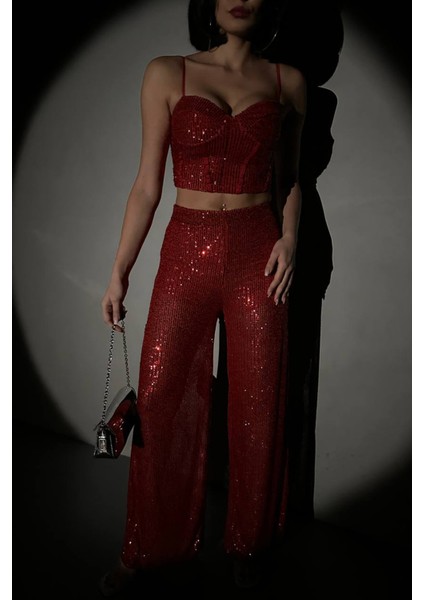 Kadın Kırmızı Payet Palazzo Crop Takım NBDF01 indirimleri