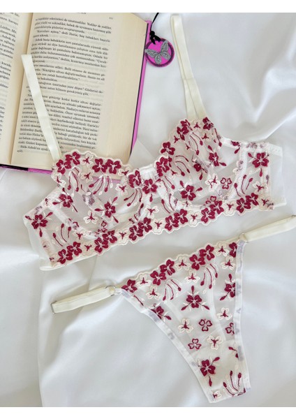 Violet Ekru Bordo Brode Balenli Kapsız Iç Çamaşırı Takımı fiyatları