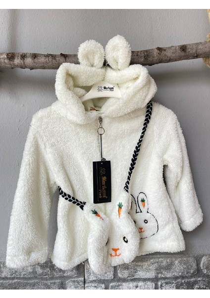 Kız Çocuk Tavşan Nakışlı Welsoft Ceket Mont Çantalı