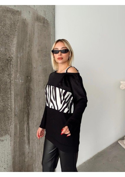 Kadın Kadife Kumaş Zebra Desenli Omuz Detay Uzun Kollu Bluz