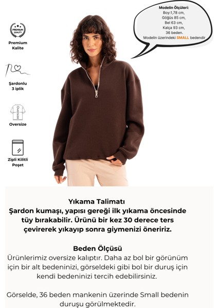 Oversize Fit Dik Yaka Yarı Fermuarlı Şardonlu Acı Kahve Kadın Sweatshirt - Cass