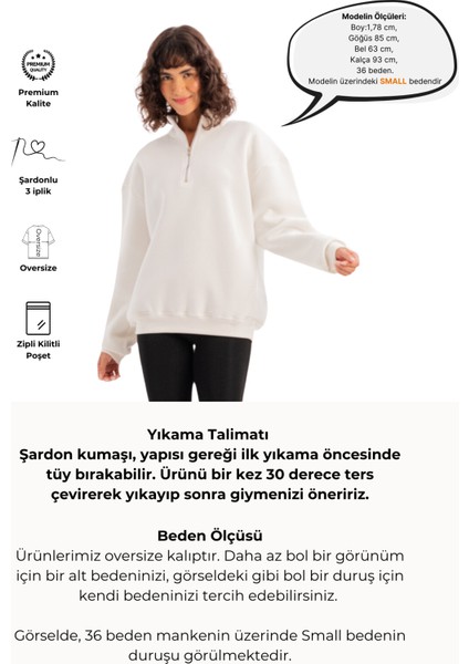 Oversize Fit Dik Yaka Yarı Fermuarlı Şardonlu Ekru Kadın Sweatshirt - Cass