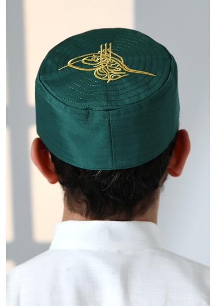 Osmanlı Tuğrası Nakışlı Kalıp Namaz Takkesi Yeşil modelleri