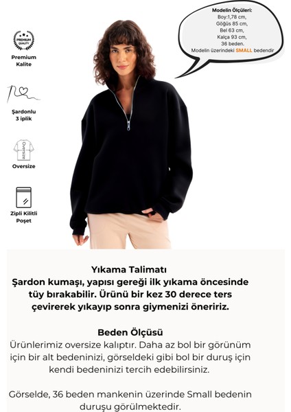 Oversize Fit Dik Yaka Yarı Fermuarlı Şardonlu Siyah Kadın Sweatshirt - Cass