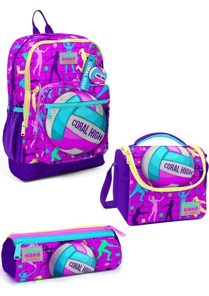 Pembe Mor Voleybol Desenli 3’lü Okul Çanta Seti