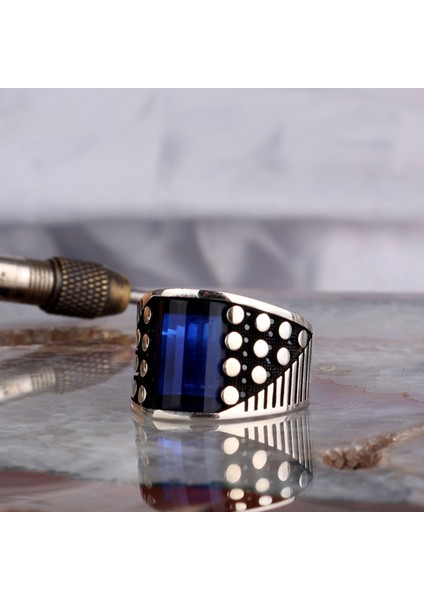 Mavi Renk Zirkon Taşlı Model 925 Ayar Gümüş Erkek Yüzük fiyatları