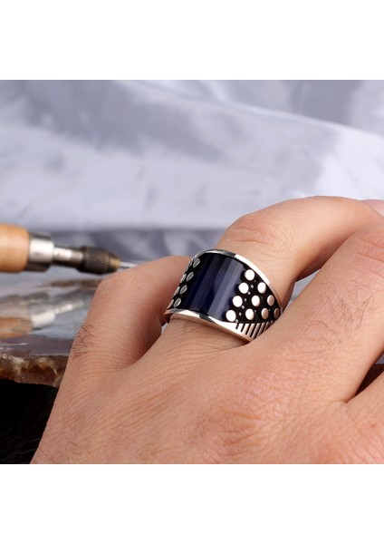 Mavi Renk Zirkon Taşlı Model 925 Ayar Gümüş Erkek Yüzük modelleri