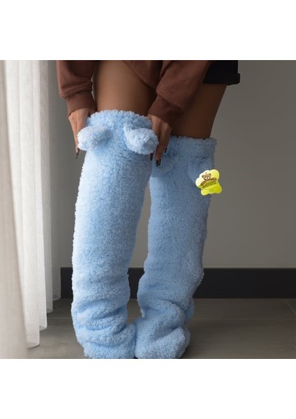 Legosh Kulaklı Peluş Çorab Welsoft Diz Üstü Oda Çorabı Kışlık Uyku Çorabı Ayak Isıtıcı Uzun Çorap