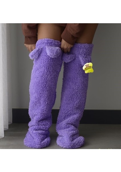 Legosh Kulaklı Peluş Çorab Welsoft Diz Üstü Oda Çorabı Kışlık Uyku Çorabı Ayak Isıtıcı Uzun Çorap