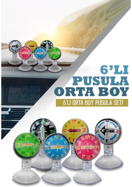 Şüscaroto Araç Içi Vantuzlu Pusula Seti Orta Boy 6\'lı Ayarlı Nostalji Renkli