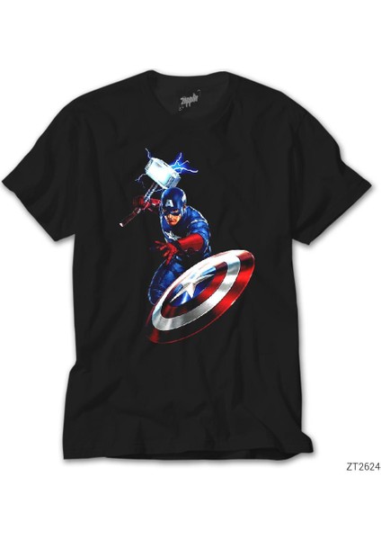 Captain America Mjolnir And Shield Siyah Tişört