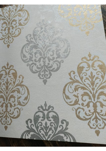 Damask Desenli Gold Gümüş Silinebilir Klasik Duvar Kağıdı 5m2 modelleri