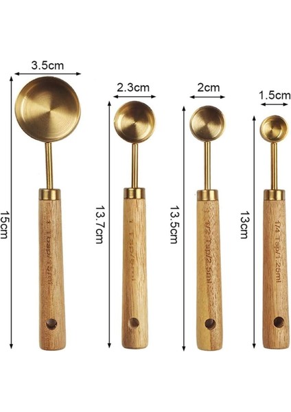 4 Adet Paslanmaz Çelik Ahşap Saplı Ölçü Kaşığı Seti Ölçü Kabı 15ML 5ml 2.5ml 1.25ML