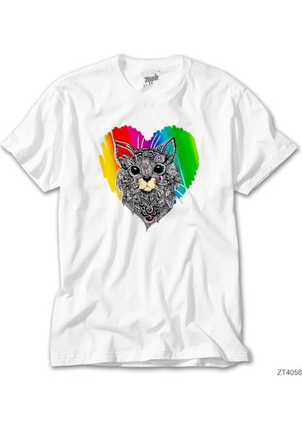 Kedi Gökkuşağı Beyaz Tişört