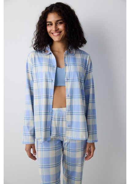 Happy Checked Mavi Gömlek Pantolon Pijama Takımı
