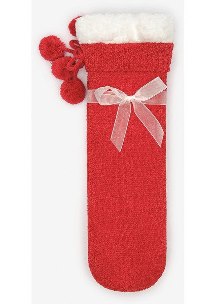 New York Velvet Kadife Pompom Kırmızı Soket Çorap