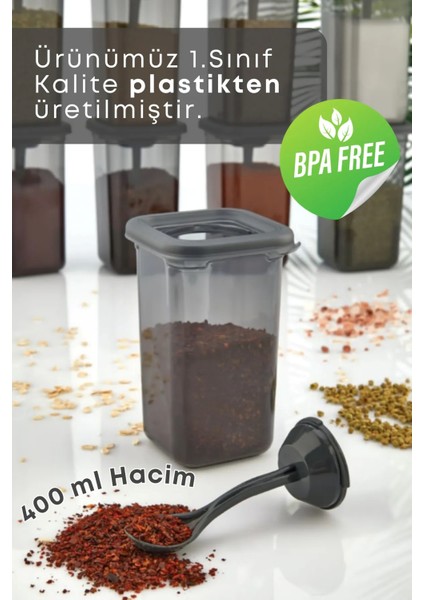 4'lü Kaşıklı, Yapışkanlı, Standlı 400ML Baharatlık Seti Bej