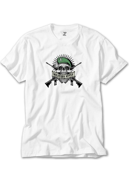 Military Style Skull Logo Beyaz Tişört
