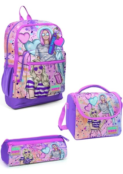Pembe Mor Fashion Girl Desenli 3’lü Okul Çanta Seti