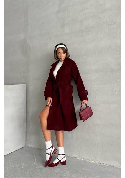 Dipmoda kadın astarlı bordo ithal kaşe kaban DPG048