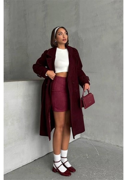 Dipmoda kadın astarlı bordo ithal kaşe kaban DPG048 fiyatları