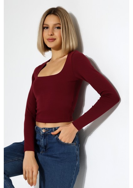 Kare Yaka Penye Kompakt Esnek Kumaş Uzun Kol Bluz 21650 Bordo