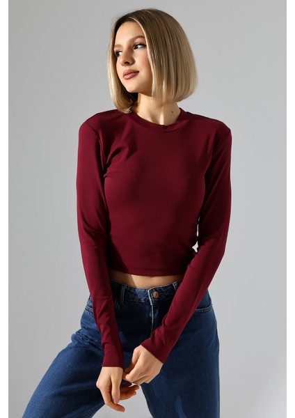 Bisiklet Yaka Penye Kompakt Esnek Kumaş Uzun Kol Bluz 21651 Bordo