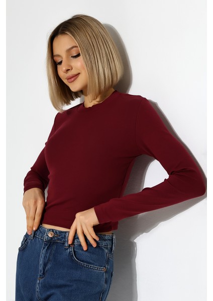 Bisiklet Yaka Penye Kompakt Esnek Kumaş Uzun Kol Bluz 21651 Bordo fiyatları