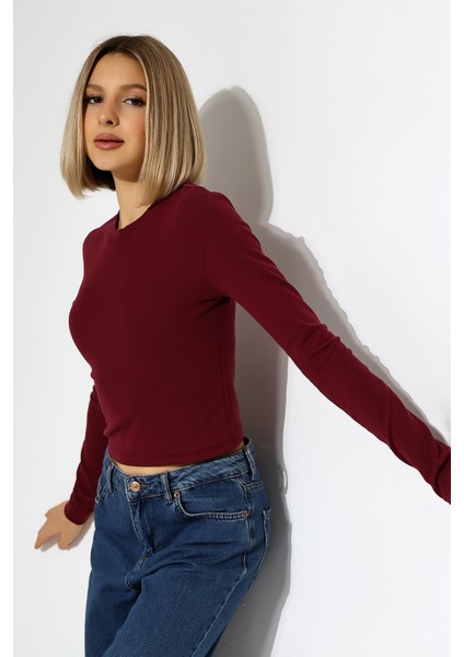 Bisiklet Yaka Penye Kompakt Esnek Kumaş Uzun Kol Bluz 21651 Bordo modelleri