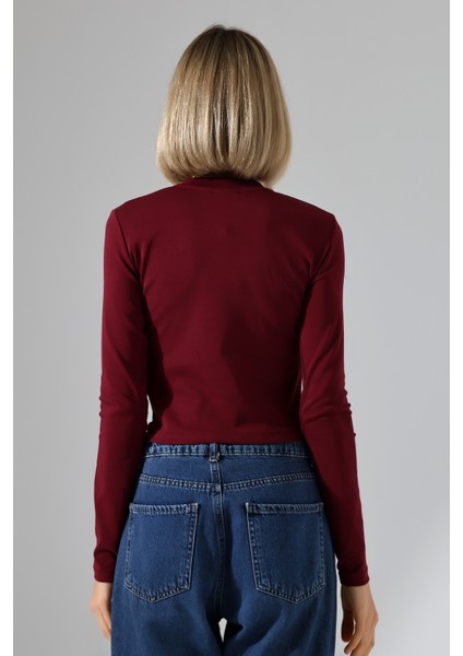 Bisiklet Yaka Penye Kompakt Esnek Kumaş Uzun Kol Bluz 21651 Bordo fırsatları