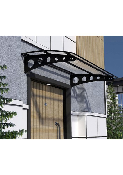 Metal Taşıyıcılı Kapı Üstü Pratik Sundurma Siyah - Şeffaf Levha 100 x 100 Md1