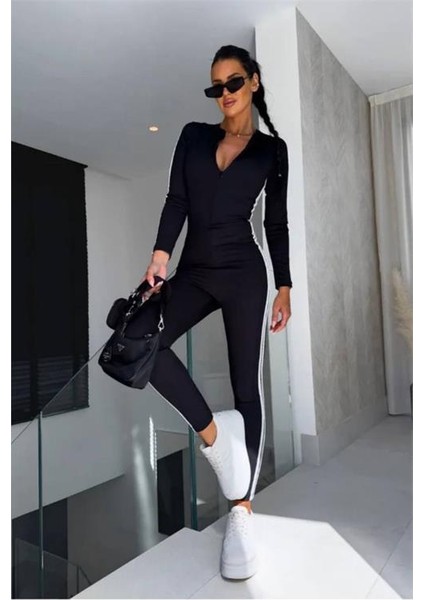 Kadın Siyah Çizgi Detaylı Esnek Kumaş Tulum DPNBDF1091