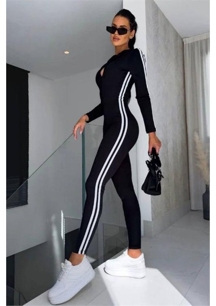 Kadın Siyah Çizgi Detaylı Esnek Kumaş Tulum DPNBDF1091 fiyatları