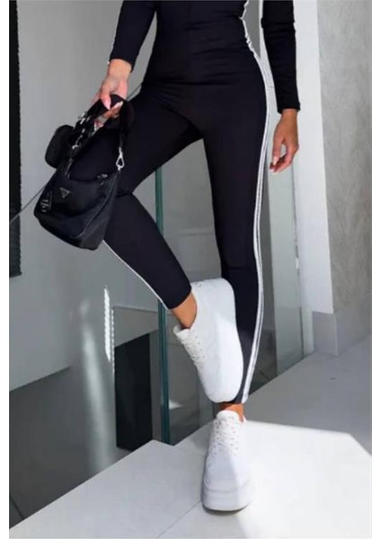 Kadın Siyah Çizgi Detaylı Esnek Kumaş Tulum DPNBDF1091 modelleri