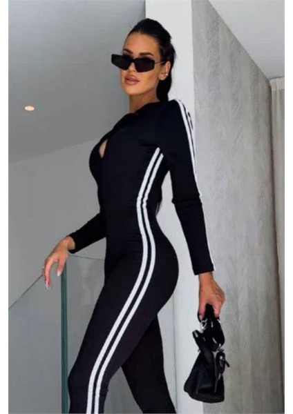 Kadın Siyah Çizgi Detaylı Esnek Kumaş Tulum DPNBDF1091 fırsatları