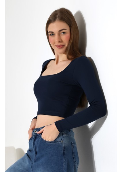 Kare Yaka Penye Kompakt Esnek Kumaş Uzun Kol Bluz 21650 Lacivert modelleri