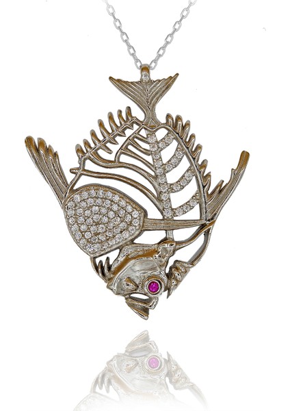 Beyaz Taşlı Dülger Balığı Gümüş Kolye