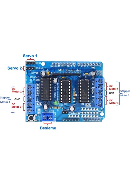 Arduino L293D Motor Sürücü Shield Alt Kart Dc 36V 0.6A 4x Dc Motor 2x Step Motor 2x Servo Motor Uno