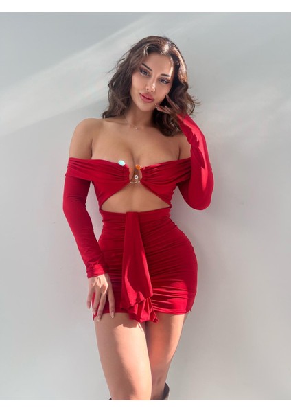 Kırmızı Straplez Tokalı Full Likrali Mini Elbise