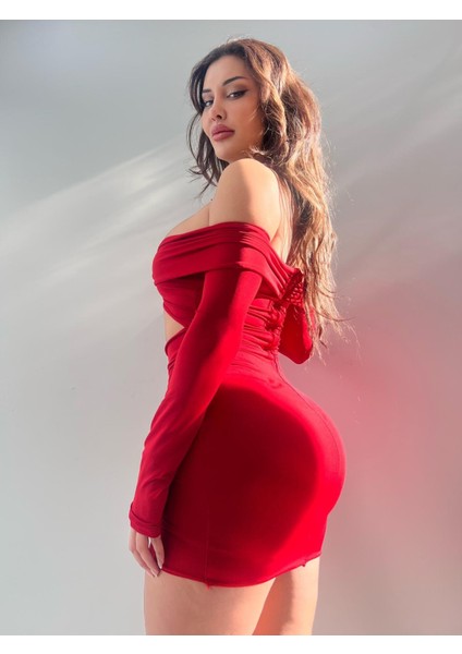 Kırmızı Straplez Tokalı Full Likrali Mini Elbise fiyatları