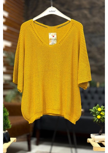 V Yaka Selanik Örgü Merserize Salaş Oversize Bluz