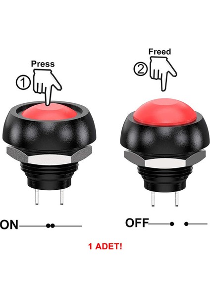 12MM PBS-33B 2 Pin Push Buton Kırmızı On Off 1A 250V Mini Yuvarlak Su Geçirmez Anahtar