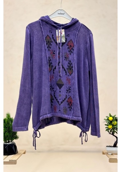 Kapşonlu Kilim Desen Yan Ipli Oversize Kazak