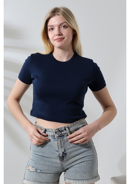 Pamuklu Kompakt Penye Ribana Bisiklet Yaka Crop T-Shirt 21560 Lacivert fiyatları