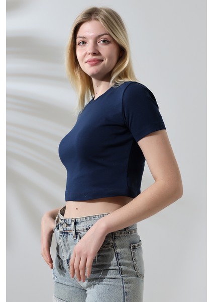 Pamuklu Kompakt Penye Ribana Bisiklet Yaka Crop T-Shirt 21560 Lacivert modelleri