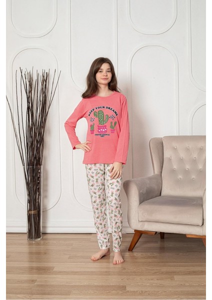 Faryakids Pamuklu Uzun Kollu Desenli Kız Çocuk Pijama Takımı